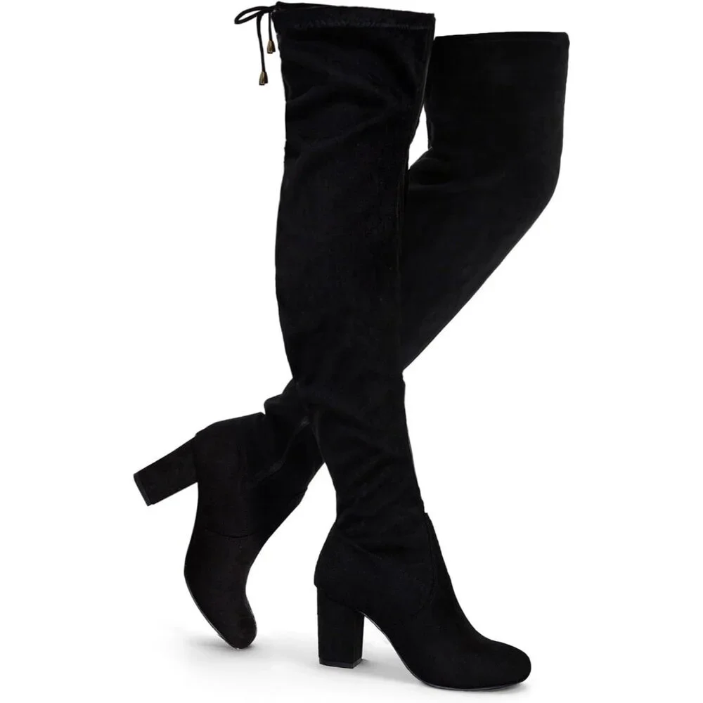 Women's Black Suede Chunky Heels Zipper Over The Knee High Adjustable Boots